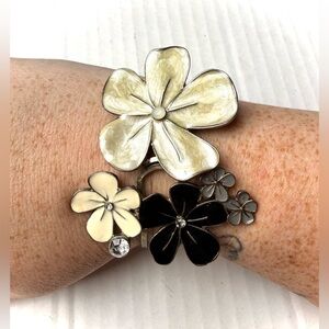 Arden B Multi Flower Cuff Bracelet Silver Tone Enamel Cream Black Gray Floral